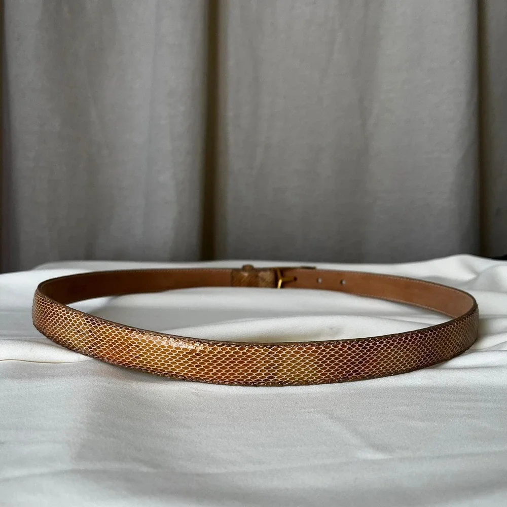 DKNY Italian Calfskin Snakeskin Belt XL Tan‎ Minimal Gold Buckle